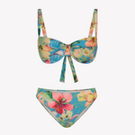 Bikini sostenible Bimba Aloa. Top balconette con aro y braguita clásica. Tejido reciclado ECOWAVE® con estampado floral exclusivo, textura piqué y acabado lúrex. Confeccionado éticamente en España.