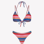 Bikini sostenible Lise Maca Samba. Top triangular multiposición y braga tanga. Tejido ECOWAVE® con estampado a rayas de Circu en acabado lúrex. Hecho éticamente en España con impresión ZEROWATER.