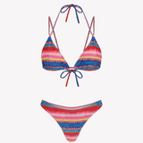 Bikini sostenible Lise Maca Samba. Top triangular multiposición y braga tanga. Tejido ECOWAVE® con estampado a rayas de Circu en acabado lúrex. Hecho éticamente en España con impresión ZEROWATER.