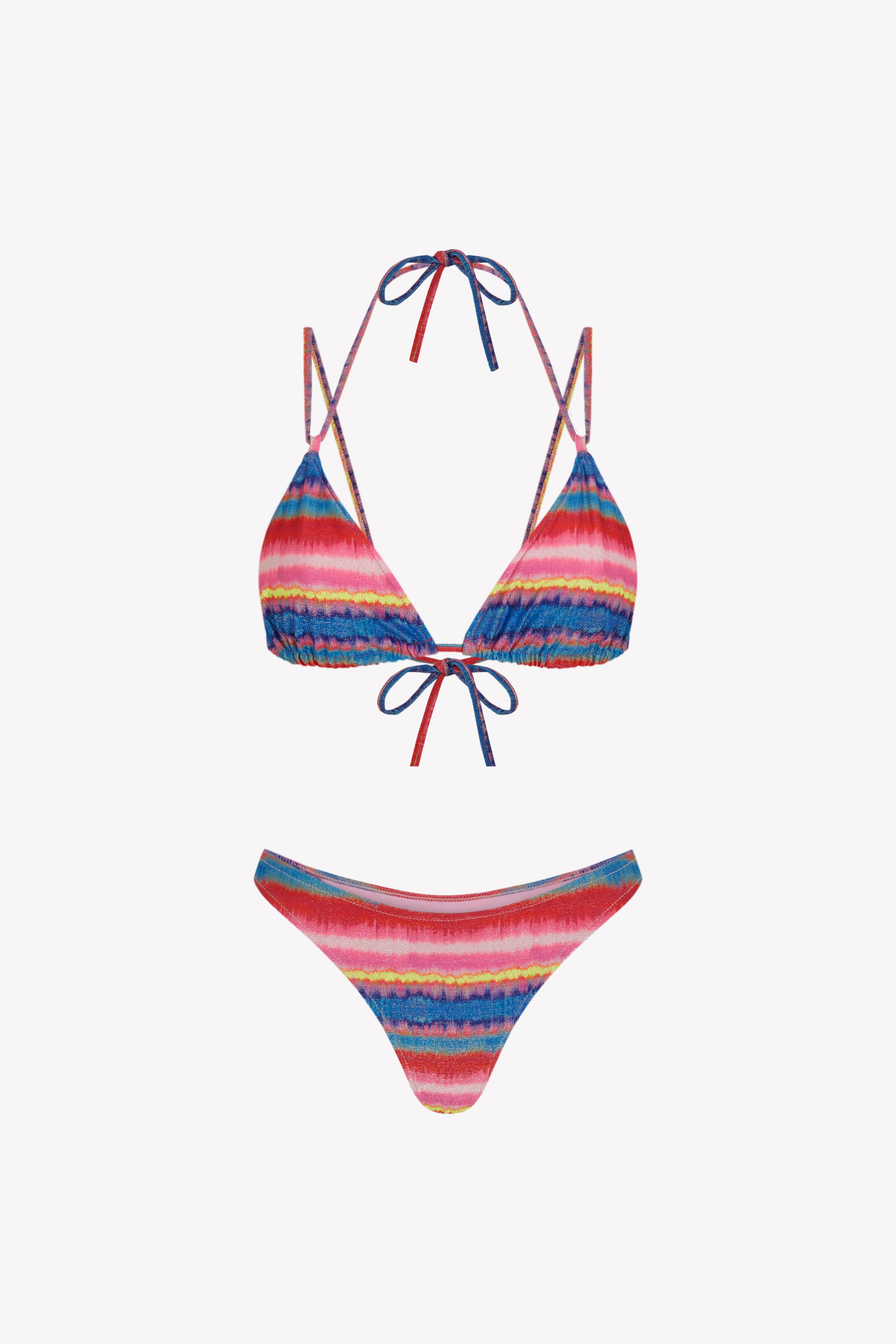 Bikini sostenible Lise Maca Samba. Top triangular multiposición y braga tanga. Tejido ECOWAVE® con estampado a rayas de Circu en acabado lúrex. Hecho éticamente en España con impresión ZEROWATER.