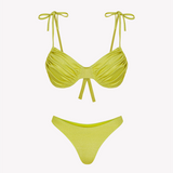 Bikini sostenible Gara Maca Lima de CIRCU. Top fruncido con aros y tirantes ajustables, combinado con braga tanga. Tejido ECOWAVE® en color lima vibrante con acabado brillante de lúrex. Hecho éticamente en España.