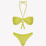 Bikini sostenible Maca Samba de CIRCU. Top bandeau fruncido multiposición con cinta ajustable y braga tanga. Tejido ECOWAVE® con estampado de rayas horizontales multicolor y acabado con lúrex. Hecho de forma ética en España.