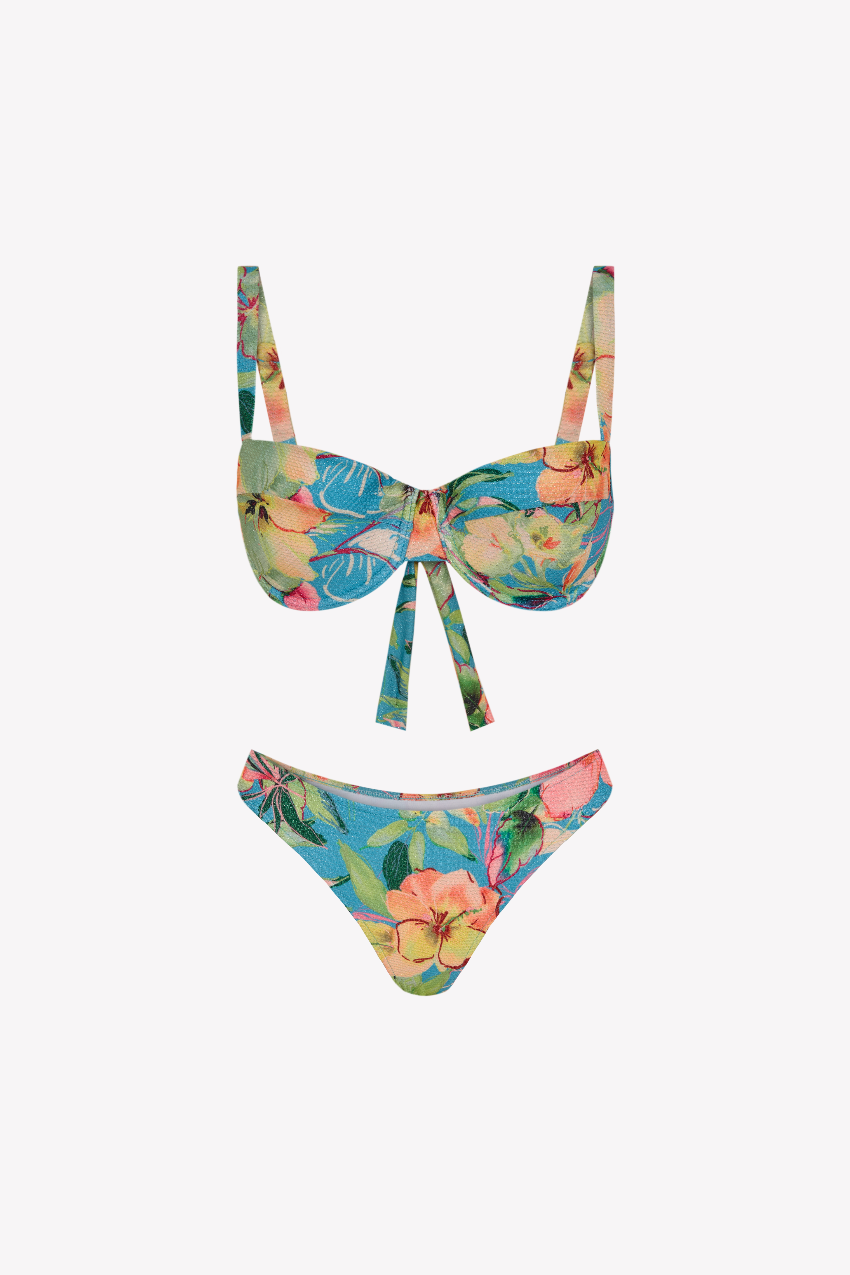 Bikini sostenible femenino Bimba Mani Aloa, top balconette con aro y braguita brasileña. Tejido reciclado ECOWAVE® con estampado floral exclusivo. Textura piqué con acabado lúrex. Bikini sostenible hecho en España.