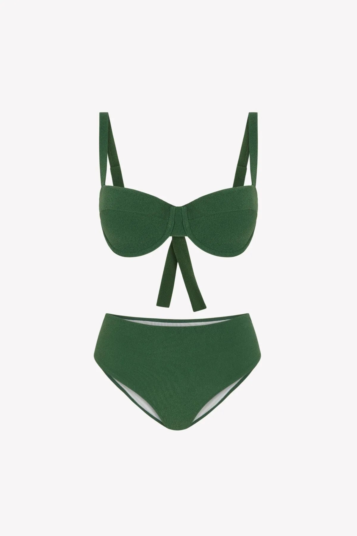 Bikini sostenible Bimba Palm de CIRCU, top balconette con aro y braga clásica. Tejido reciclado ECONYL® en color verde mediterráneo con textura atoallada. Hecho a mano en España de forma ética.
