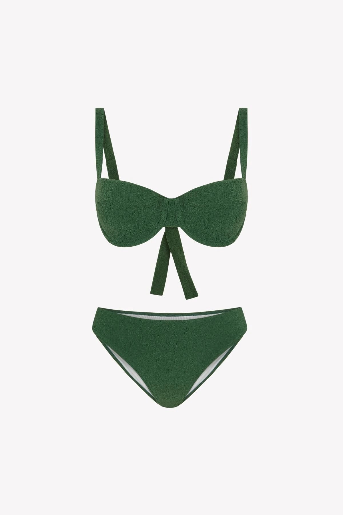 Bikini sostenible Bimba Palm de CIRCU, top balconette con aro y braga clásica. Tejido reciclado ECONYL® en color verde mediterráneo con textura atoallada. Hecho a mano en España de forma ética.