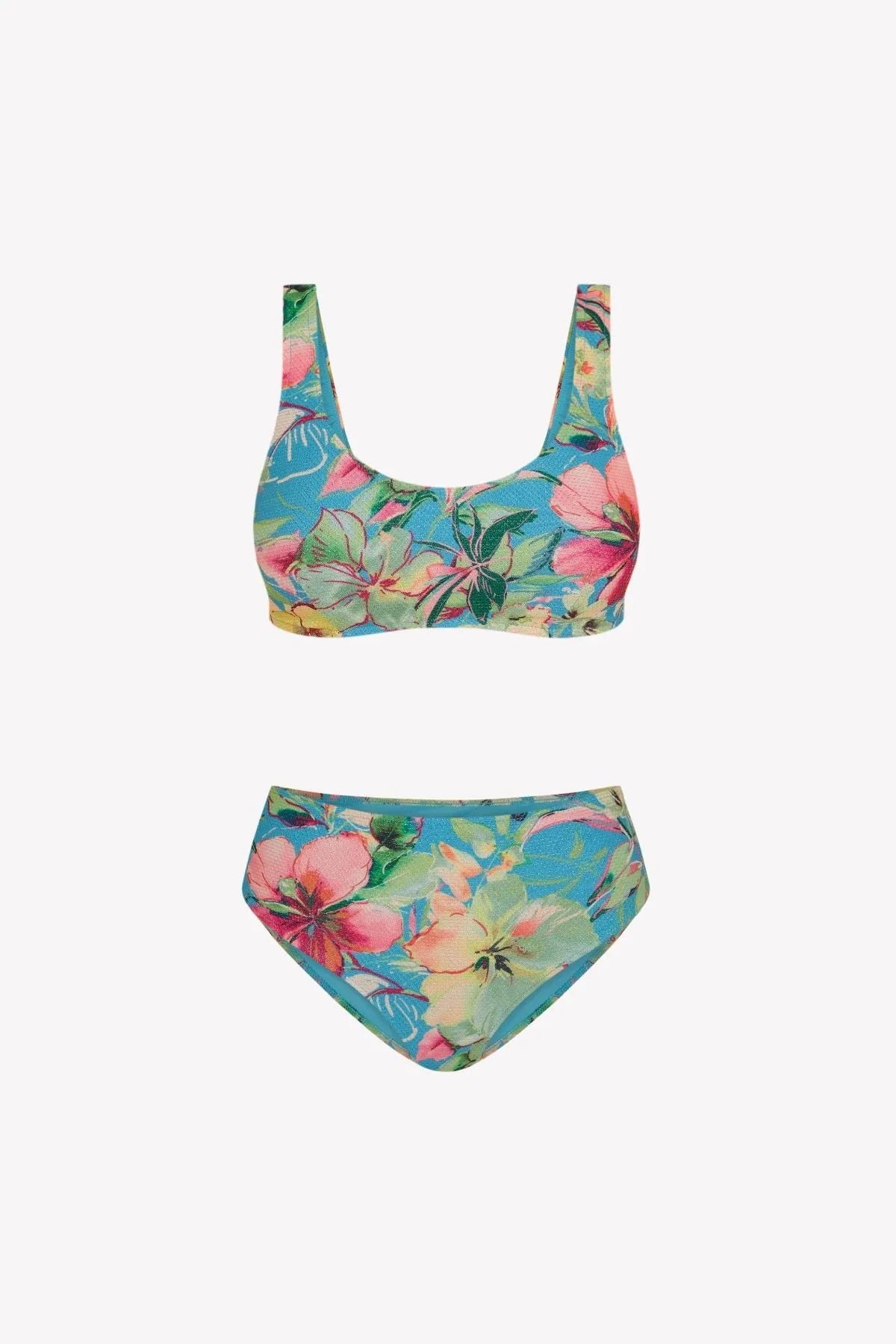 Bikini sostenible Mani Bimba Aloa High de CIRCU. Top deportivo de tiras anchas con gran sujeción y braga alta que estiliza. Tejido ECOWAVE® con print floral en textura piqué y acabado con lúrex. Hecho en España de forma ética.