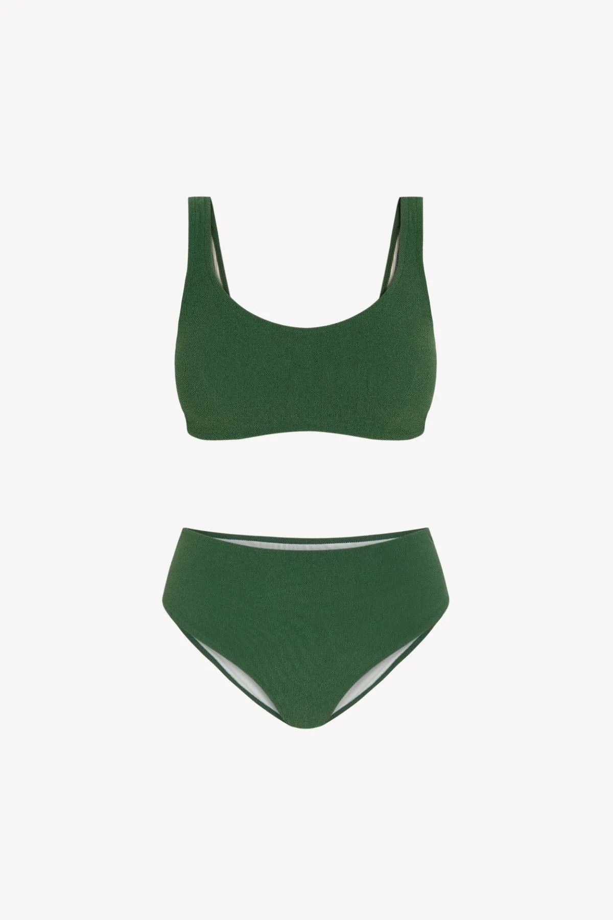 Bikini sostenible deportivo Mani Bimba Palm High. Top con tirantes anchos y gran sujeción. Braguita de tiro alto que estiliza. Tejido reciclado ECONYL® en verde mediterráneo con textura atoallada. Hecho en España.