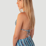 Bikini sostenible Lise Bimba Agata High estampado azul-verde vista trasera con top triangulo y braga alta - CIRCU