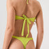 Bikini sostenible Maca Samba de CIRCU. Top bandeau fruncido multiposición con cinta ajustable y braga tanga. Tejido ECOWAVE® con estampado de rayas horizontales multicolor y acabado con lúrex. Hecho de forma ética en España.
