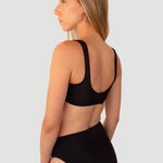 Bikini sostenible Mani Bimba Moon High negro vista trasera con top deportivo y braga alta - CIRCU