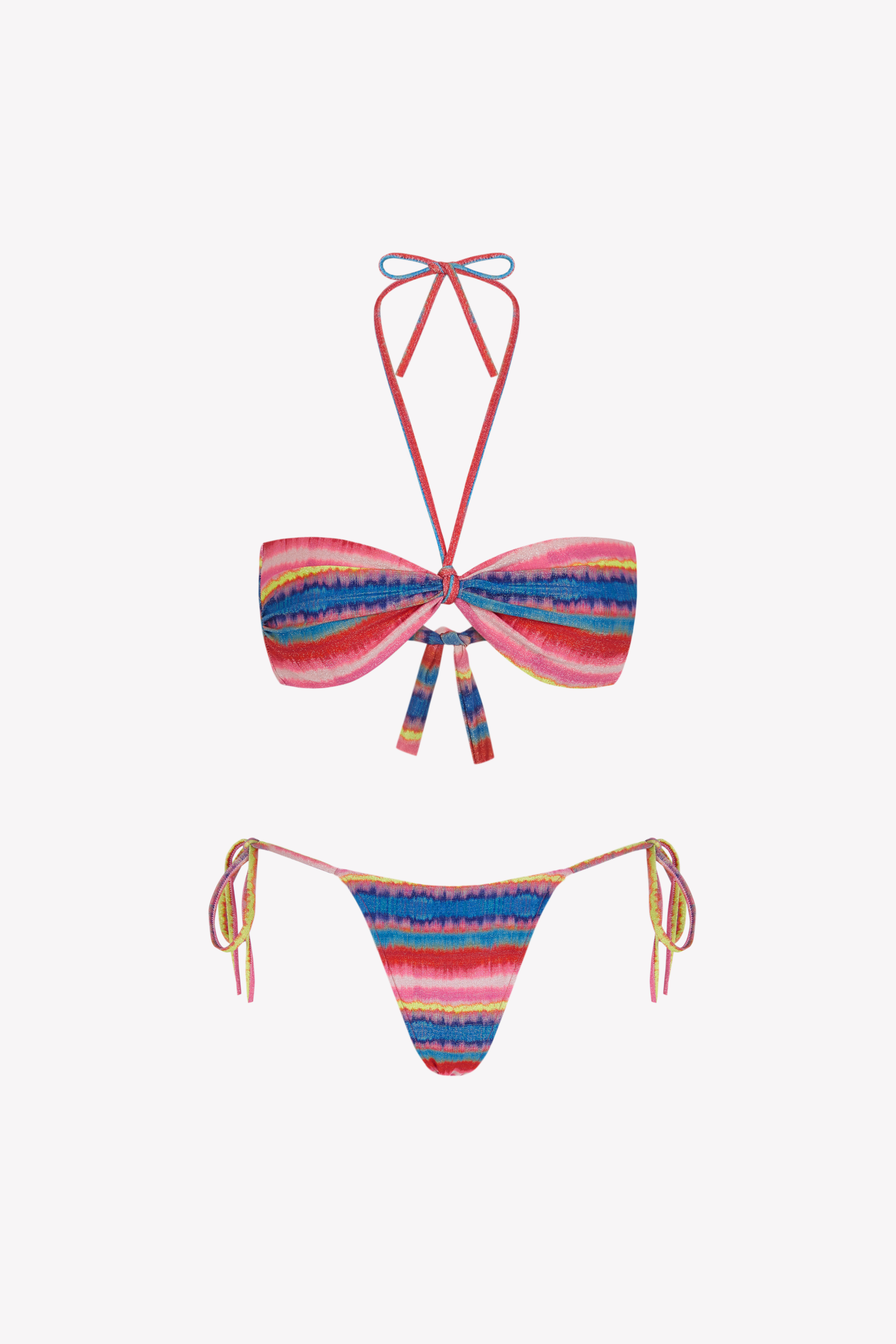 Bikini sostenible Maca Lise Samba. Top bandeau multiposición con braga tanga. Tejido ECOWAVE® reciclado con estampado a rayas Circu. Acabado lúrex y confección artesanal en España.