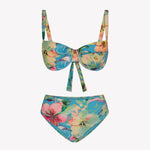 Bikini sostenible femenino Bimba Aloa High, top balconette con aros y tirantes regulables. Braguita tiro alto. Tejido reciclado ECOWAVE® con estampado floral exclusivo y acabado lúrex. Bikini sostenible hecho en España.