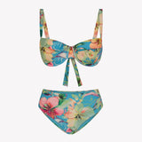 Bikini sostenible femenino Bimba Aloa High, top balconette con aros y tirantes regulables. Braguita tiro alto. Tejido reciclado ECOWAVE® con estampado floral exclusivo y acabado lúrex. Bikini sostenible hecho en España.