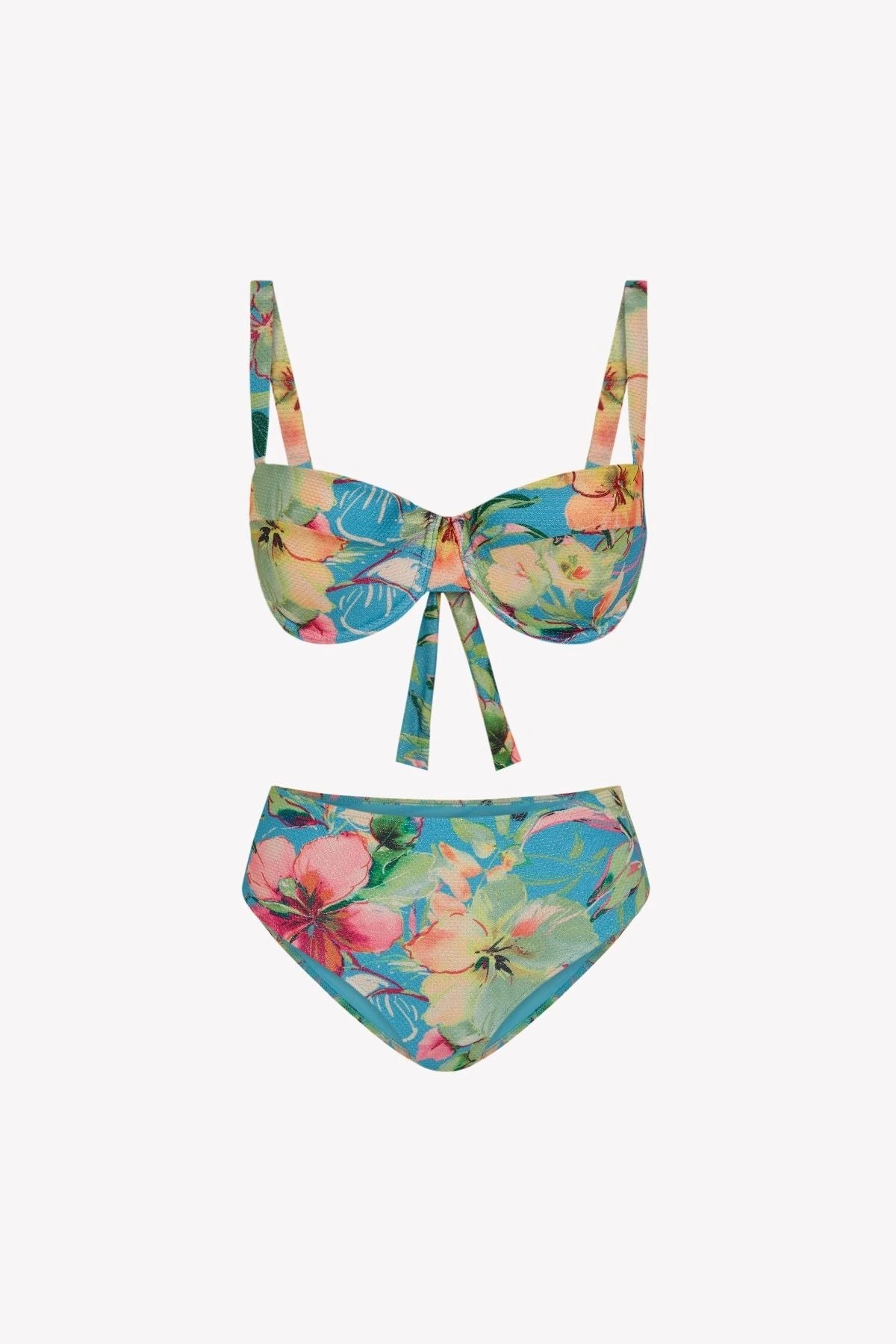 Bikini sostenible femenino Bimba Aloa High, top balconette con aros y tirantes regulables. Braguita tiro alto. Tejido reciclado ECOWAVE® con estampado floral exclusivo y acabado lúrex. Bikini sostenible hecho en España.