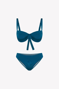Bikini sostenible Bimba Aqua. Top balconette con aro y braguita clásica. Tejido reciclado ECONYL® en azul marino con acabado satinado. Elegante, cómodo y confeccionado éticamente en España.