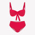 Bikini sostenible Bimba Berry High de CIRCU. Top balconette con aro, tirantes regulables y lazada trasera. Braga alta en color rojo cereza con textura atoallada. Tejido reciclado ECONYL®. Hecho éticamente en España.