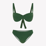 Bikini sostenible Bimba Palm de CIRCU, top balconette con aro y braga clásica. Tejido reciclado ECONYL® en color verde mediterráneo con textura atoallada. Hecho a mano en España de forma ética.