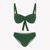 Bikini sostenible Bimba Palm de CIRCU, top balconette con aro y braga clásica. Tejido reciclado ECONYL® en color verde mediterráneo con textura atoallada. Hecho a mano en España de forma ética.