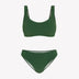 Bikini sostenible Mani Bimba Palm de CIRCU. Top deportivo con tiras anchas y opción de copas, y braga de cobertura normal. Tejido reciclado 100% ECONYL® en verde oscuro mediterráneo con textura atoallada. Hecho artesanalmente en España.
