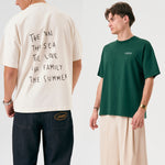Camiseta oversize unisex en color blanco beige, confeccionada en 100% algodón orgánico, con impresión digital exclusiva en la parte delantera. Moda streetwear sostenible